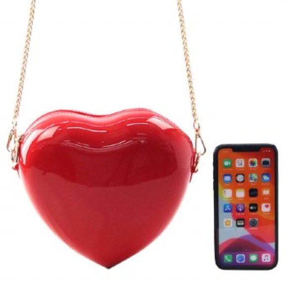 Handbags - NEW Red Jelly Heart Shape Vegan Friendly Crossbody Bag - Gold Toned Chain Straps